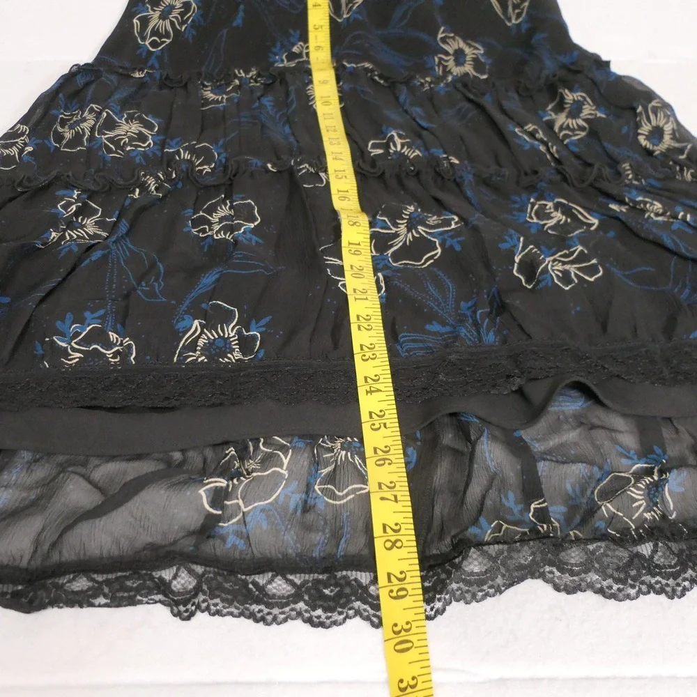 INC Women Silk Skirt 8 Black Midi Floral Tiered Lace Trim Romantic Feminine Goth